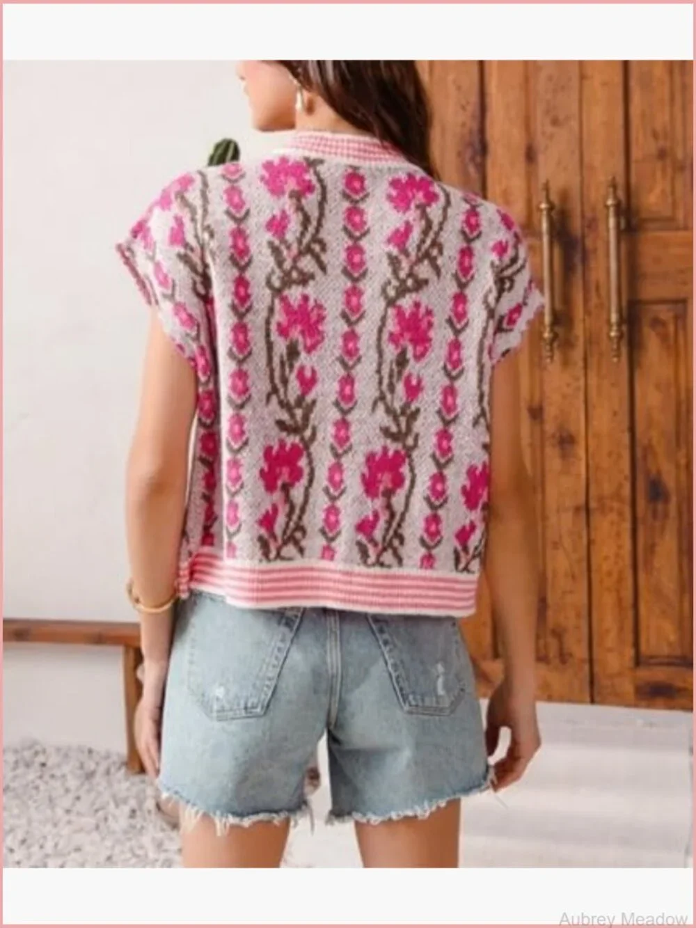 Sleeveless Floral Button Down Knit Sweater Vest Pockets - Picture 5 of 5